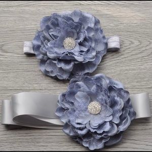 Gray peony flower headband sash set